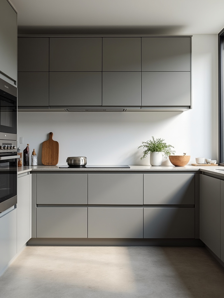 Modern matte gray kitchen with concrete countertops.
