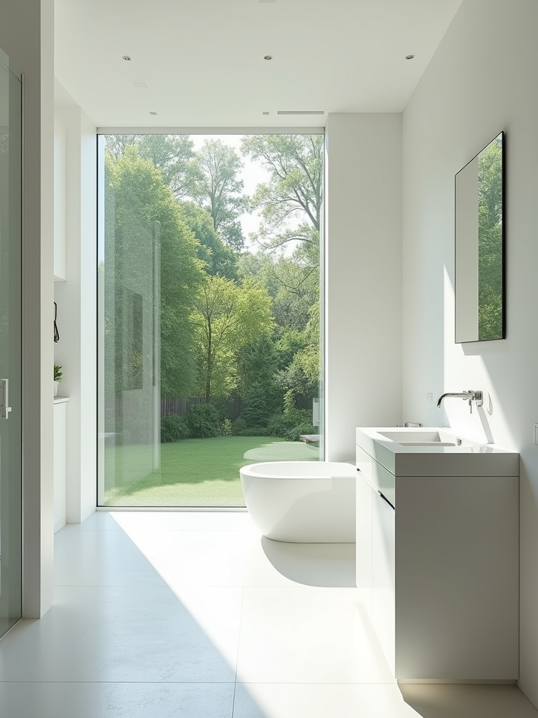 Bright minimalist bathroom with a large window and natural light.