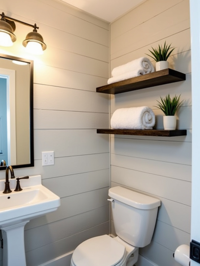 Farmhouse bathroom with dark wood floating shelves above the toilet displaying towels and plants, showcasing stylish and space-maximizing wall decoration.