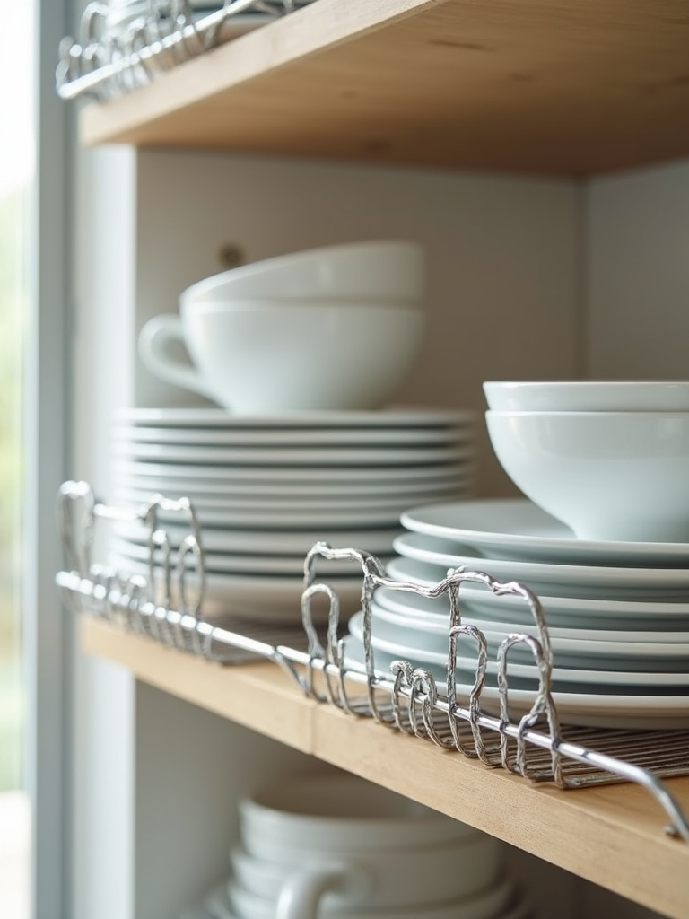 “Metal wire shelf dividers organizing stacks of white plates, bowls, and saucers on a kitchen cabinet shelf, maximizing vertical storage and preventing clutter.”