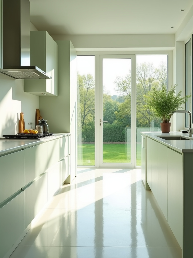 Bright, airy kitchen filled with natural light from large windows overlooking a garden