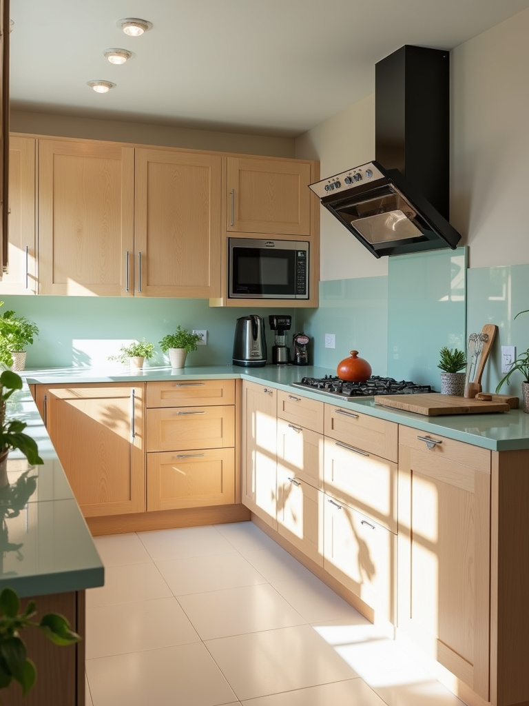 Modern eco-friendly kitchen featuring light bamboo cabinets, recycled glass countertops, and potted plants, emphasizing sustainable design choices.