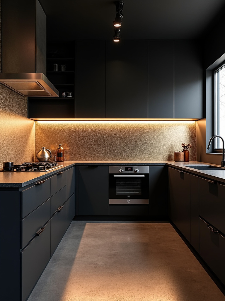 A contemporary kitchen with dramatic lighting featuring sleek black countertops, modern appliances and a wall featuring a beautiful metallic wallpaper.