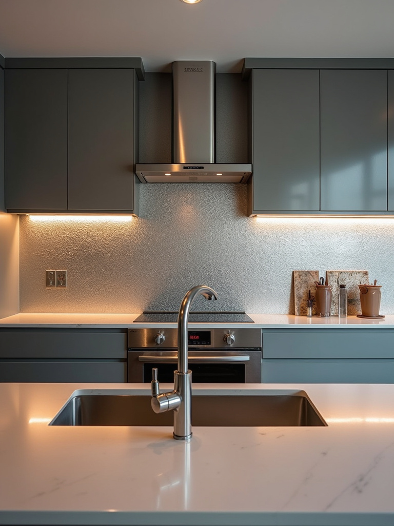 A high end kitchen featuring a metallic tile backsplash, showcasing its reflective qualities and surface finish.
