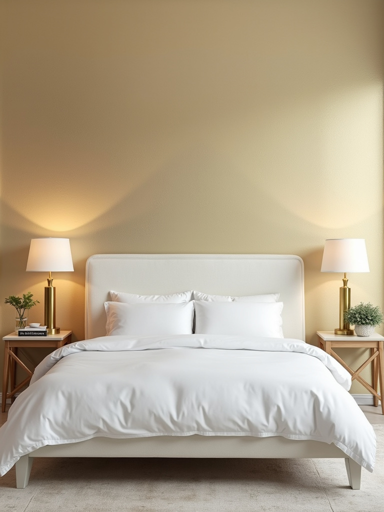 An elegant bedroom with a pale gold metallic wallpaper, paired with a low-profile white bed, side table, and brass lamps, enhanced with soft ambient light and strategic accent lighting.