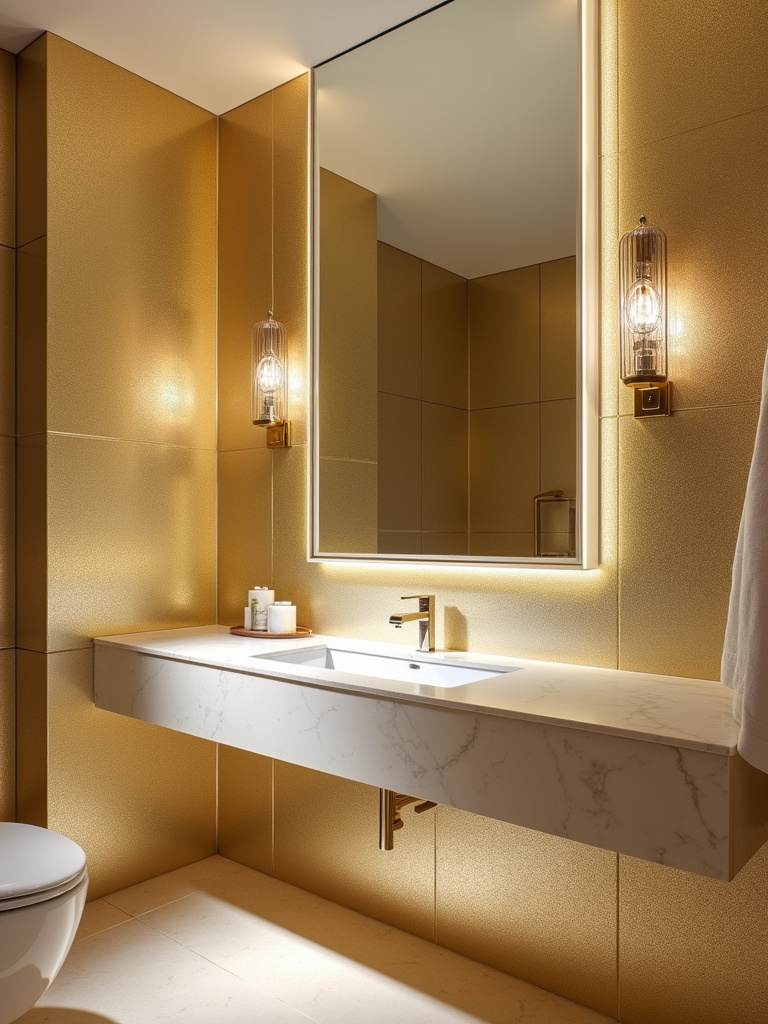 A luxurious bathroom showcasing the glamour of metallic tiles.