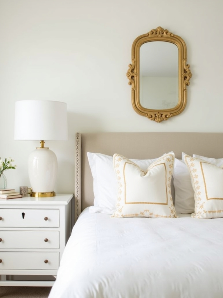 White bedroom with gold accents in mirror, lighting, and decorative pillows, adding glamour.