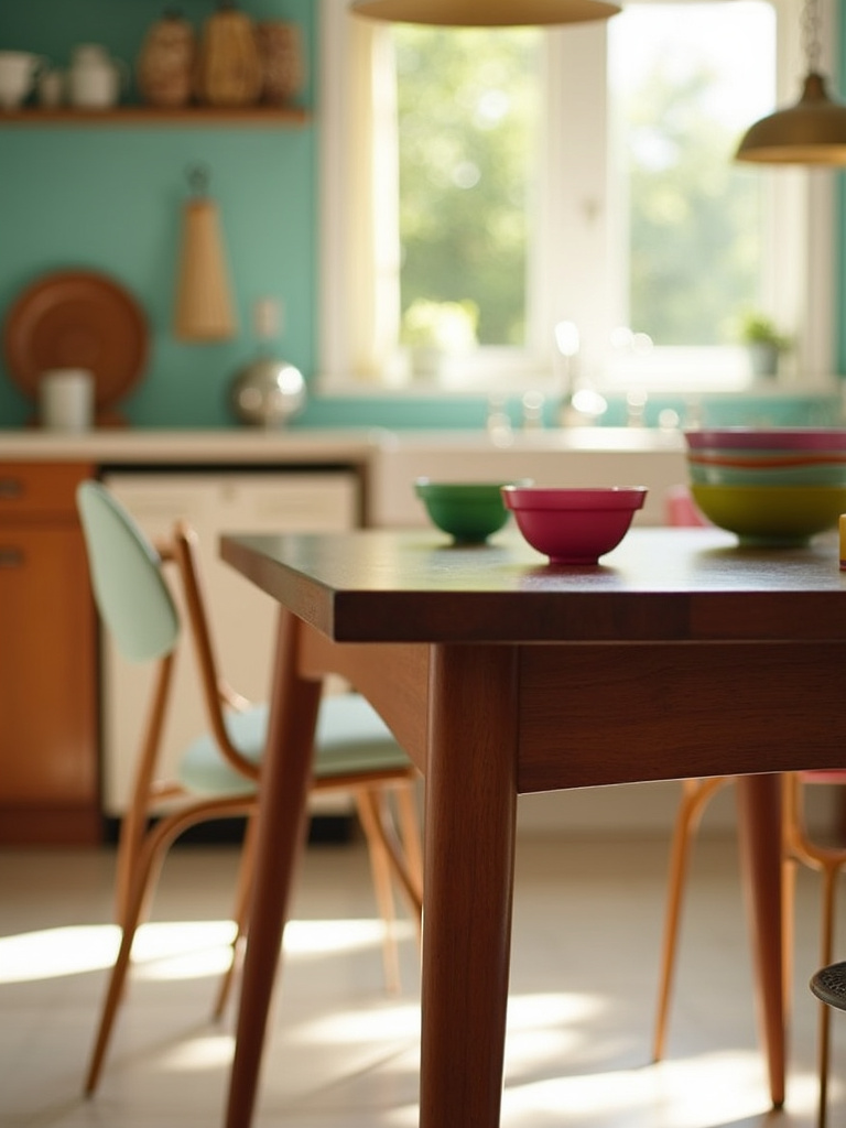 Mid-century modern walnut kitchen table with tapered legs in a retro-inspired kitchen.