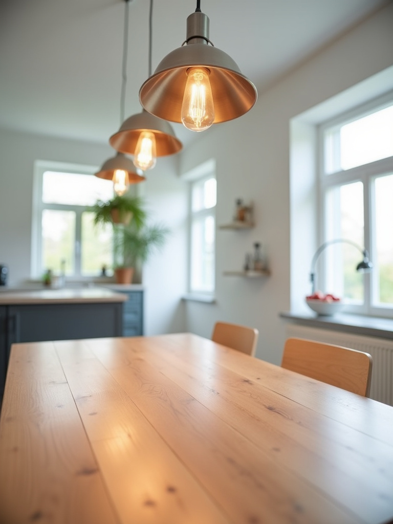 Modern kitchen with series of three mini pendant lights above the table.