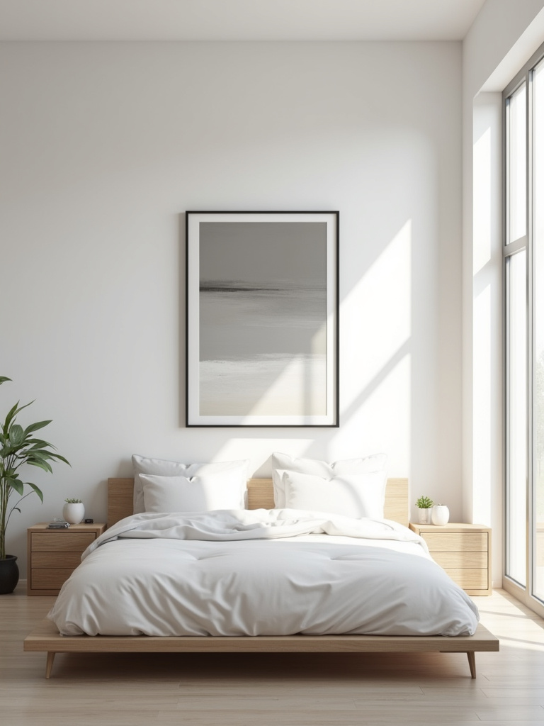 A minimalist bedroom showcasing a framed piece of abstract art hanging over a clean headboard with natural light and simplistic furniture.