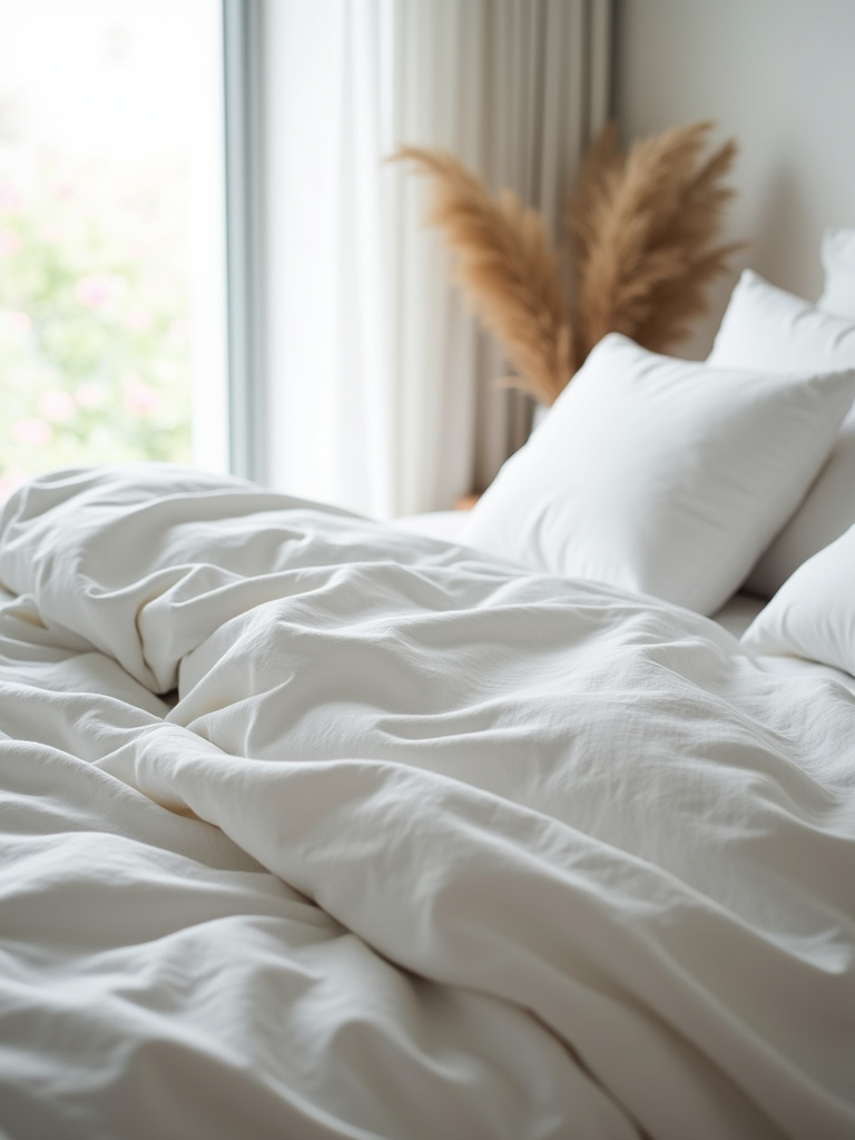 Close-up of minimalist white linen bedding on a modern platform bed.