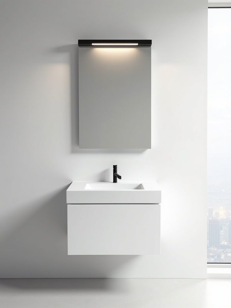 Minimalist modern bathroom with a black vanity bar above a white floating vanity.