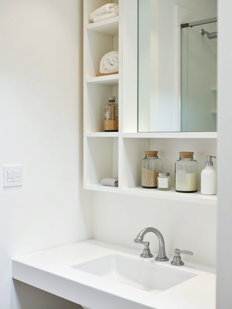 Minimalist bathroom featuring white open shelving with clear glass jars filled with bathroom essentials.