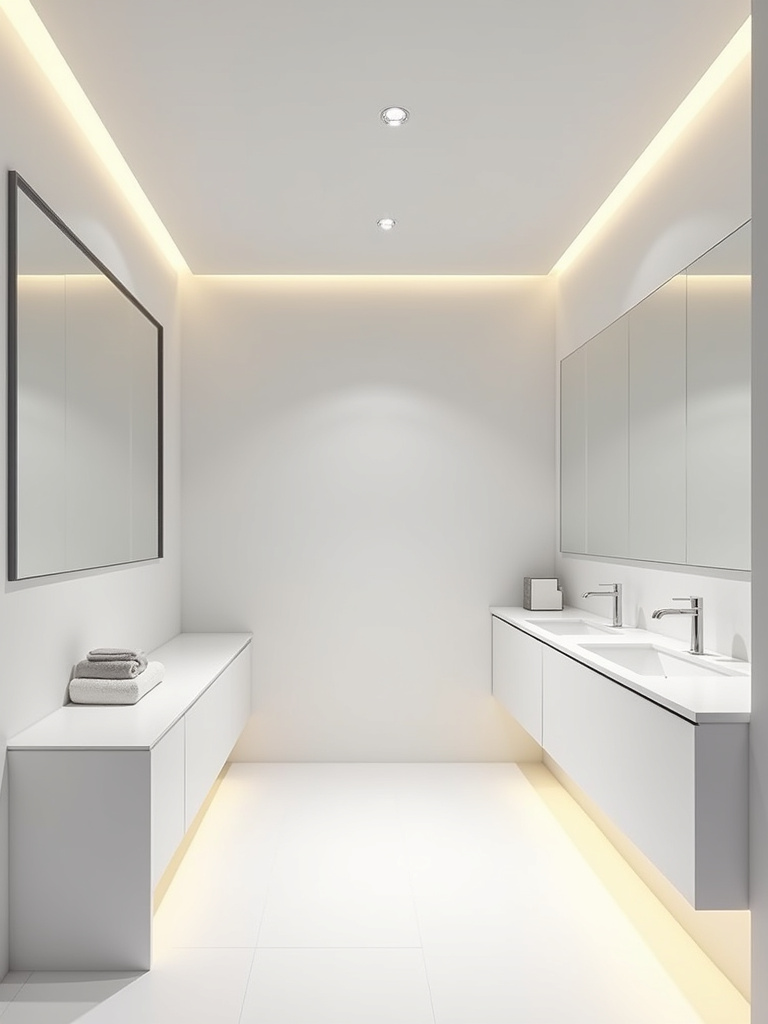 Minimalist bathroom featuring recessed and integrated LED lighting for a clean and functional design.