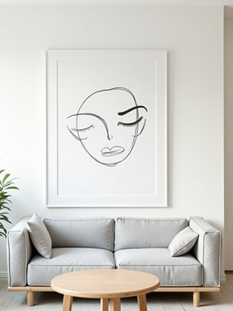 Minimalist living room with a large framed black and white line art print of an abstract face above a grey sofa.