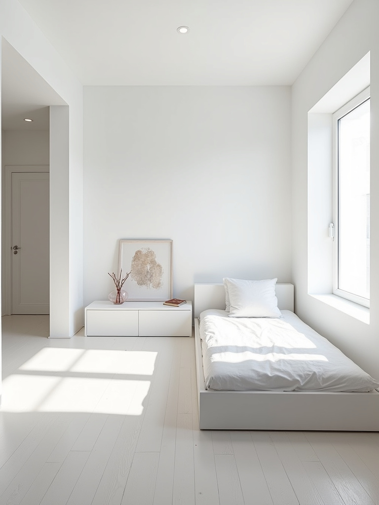 Minimalist white bedroom with clean lines, uncluttered space, and minimal decor.