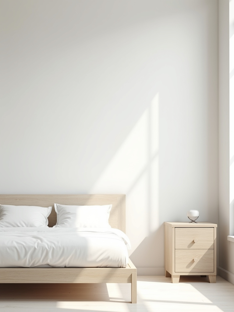 A serene minimalist bedroom with a matte white textured wallpaper, furnished with a simple low-profile bed and light wood nightstand, evenly illuminated with natural light.