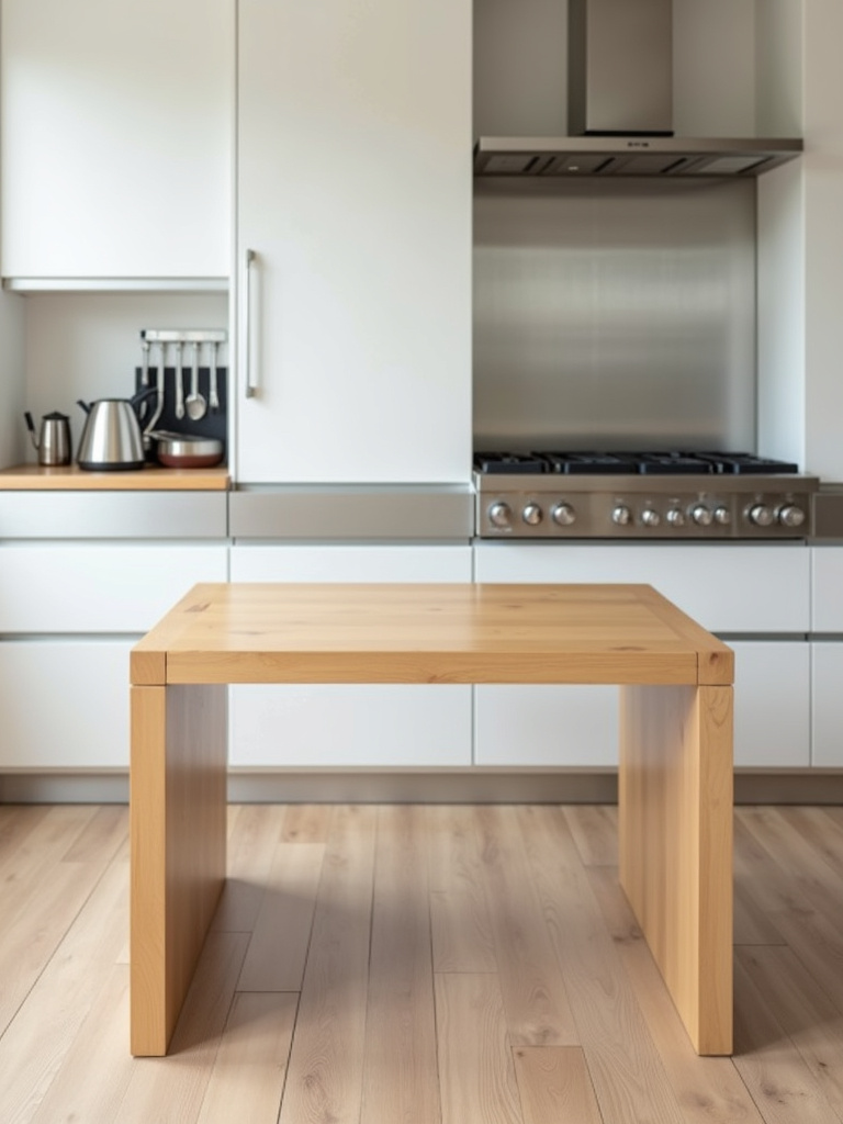 Minimalist square kitchen table in light maple in a bright contemporary kitchen.