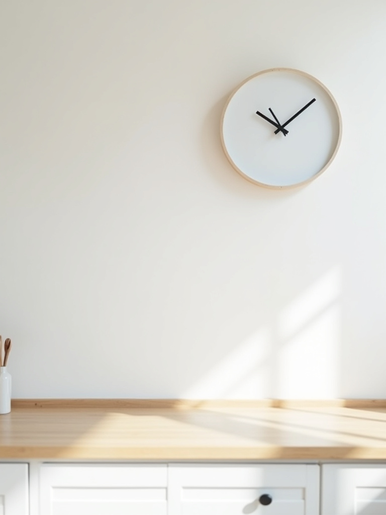 Minimalist wall clock with a light wood frame on a white wall in a Scandinavian kitchen