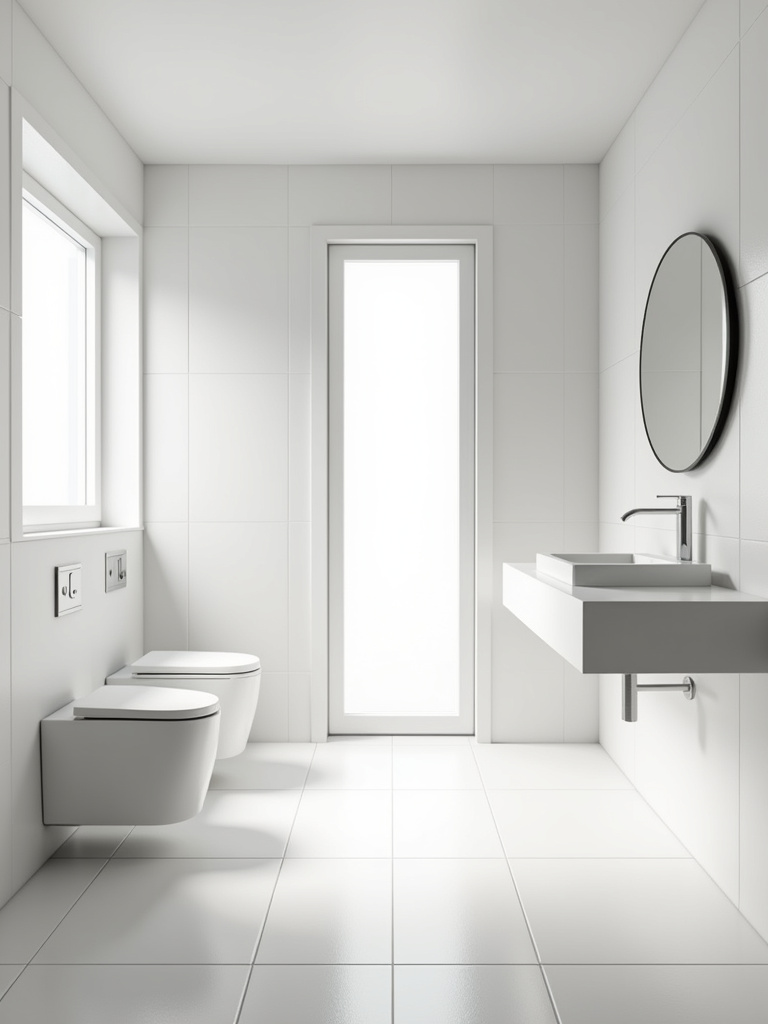 Minimalist bathroom featuring large format matte white tile walls, a floating vanity, and abundant natural light.