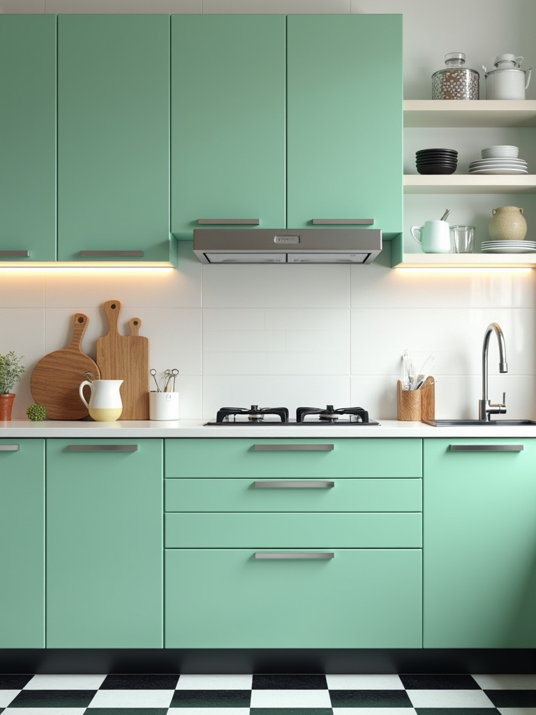 Retro-modern kitchen with mint green cabinets, checkered floor, and chrome details in bright lighting