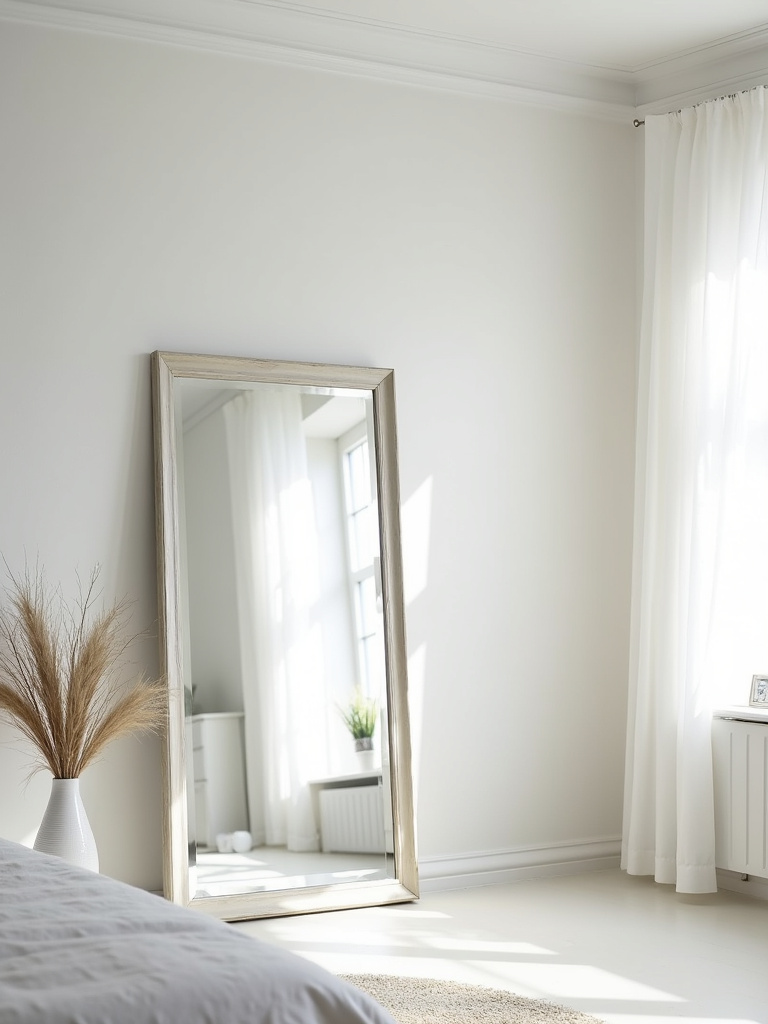 White bedroom with a large mirror reflecting light and visually expanding the space.