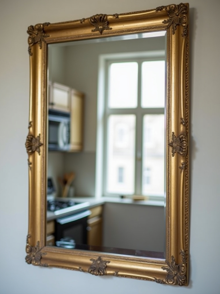 Small apartment kitchen featuring a large framed mirror that visually expands the space and reflects natural light.