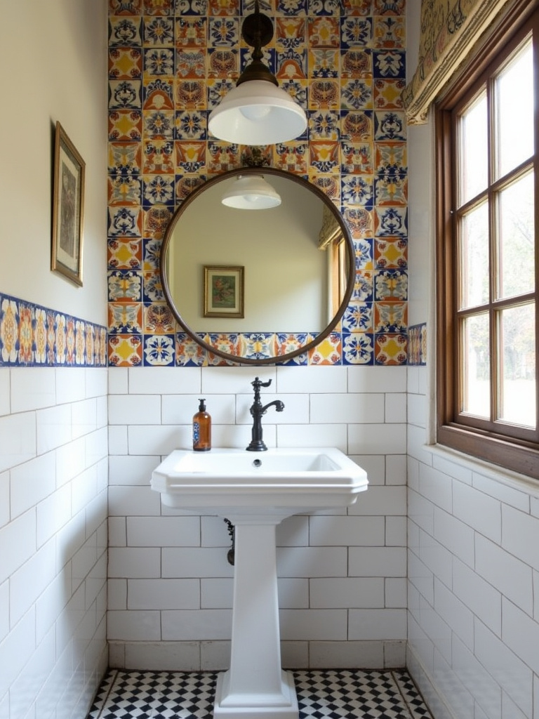Eclectic bathroom featuring a mix of white subway tiles and colorful patterned ceramic tiles on the walls.
