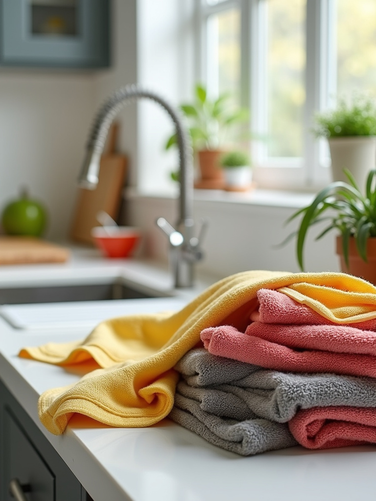 A kitchen featuring a variety of colorful kitchen textiles.