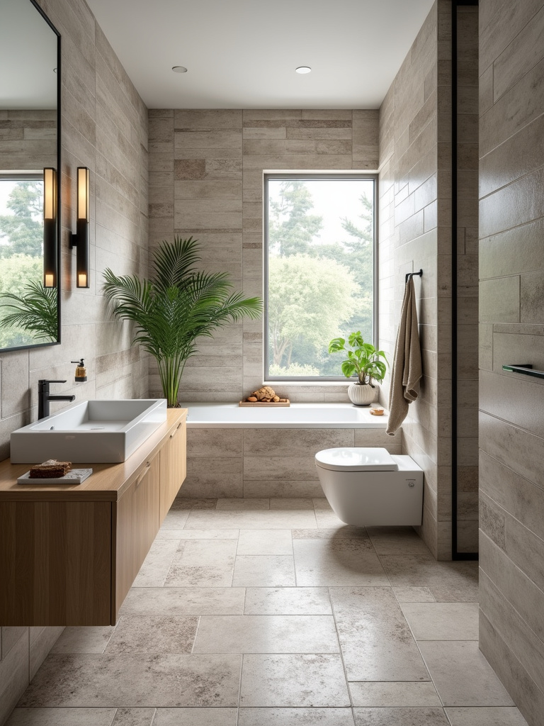 A modern bathroom with a variety of tile designs, illuminated by even lighting and natural elements.