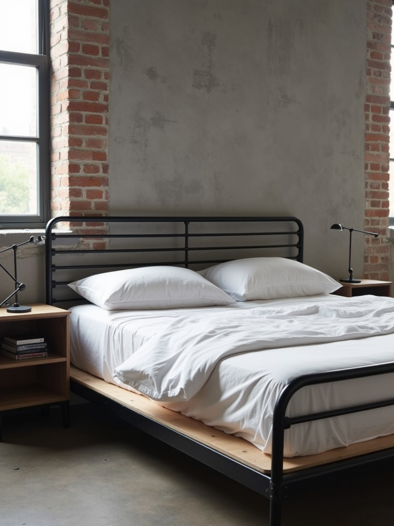 Modern black metal bed frame in an industrial style bedroom.