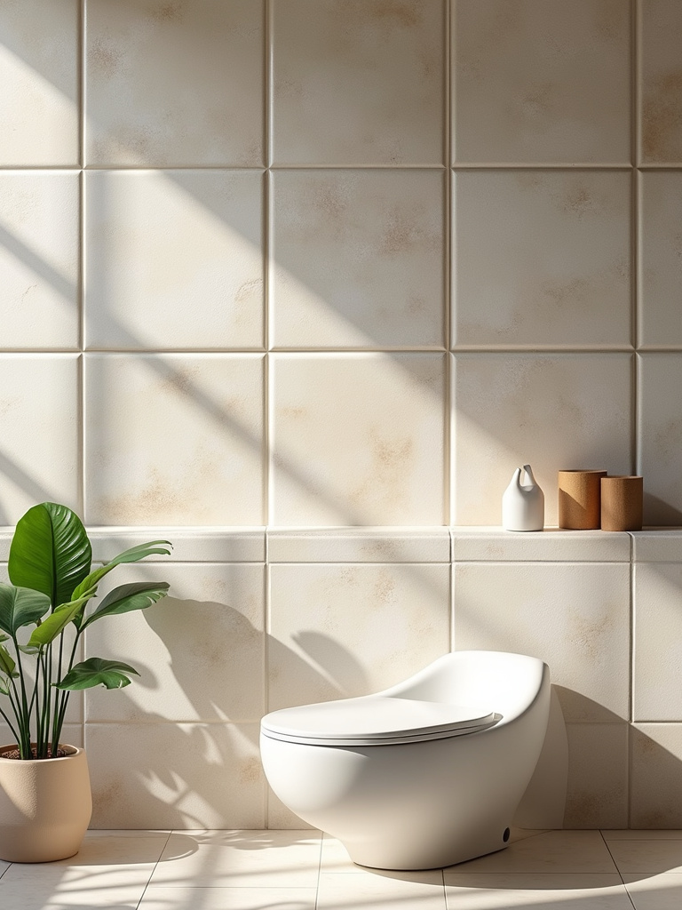 A modern living room displaying geometric ceramic wall tiles which provide both decorative and practical elements with smooth light.