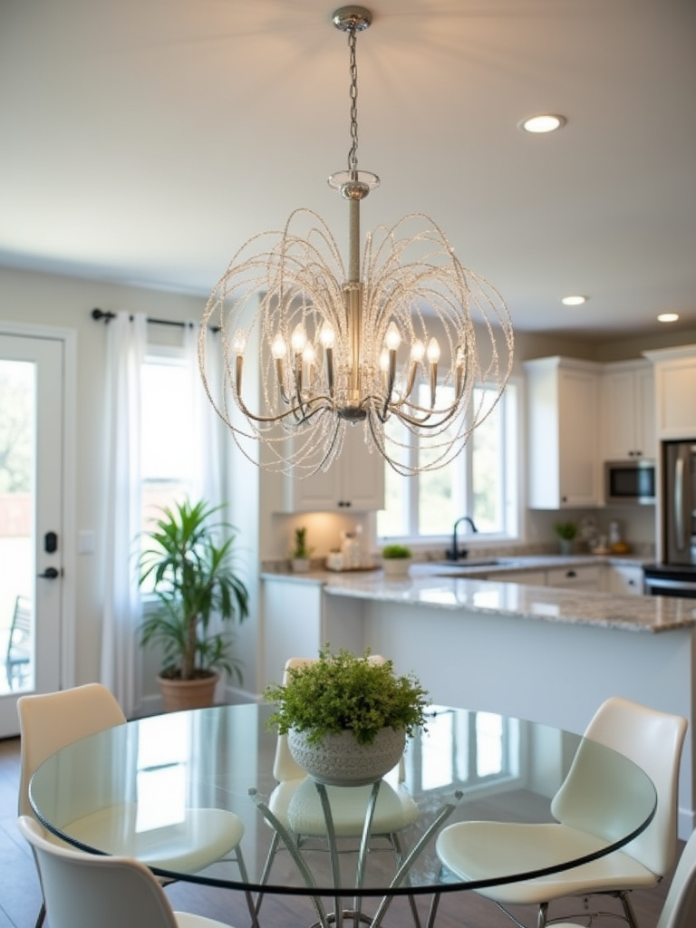 An open kitchen and dining area, featuring a chrome chandelier above a glass table.