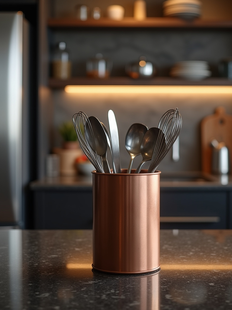 Copper utensil crock with stainless steel utensils on a dark granite kitchen countertop in a modern kitchen.