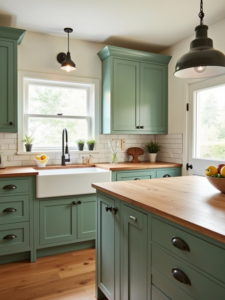 Modern farmhouse kitchen with sage green cabinets, white subway tiles, and butcher block countertops