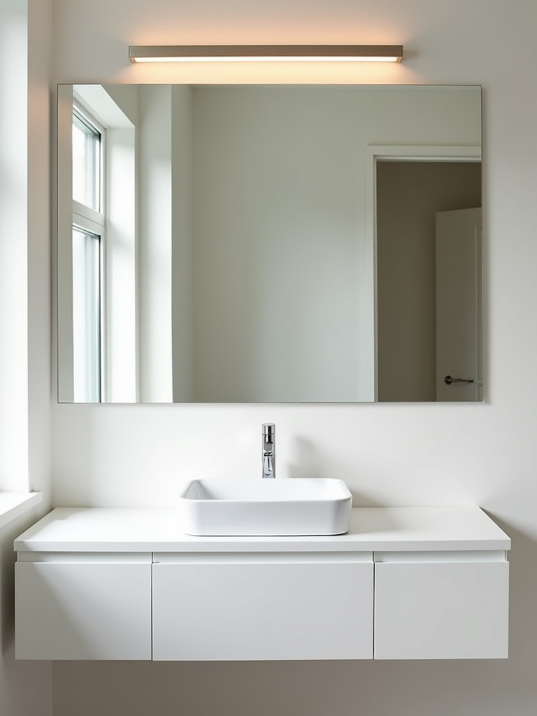 Modern minimalist bathroom with a linear LED vanity light above a frameless mirror.