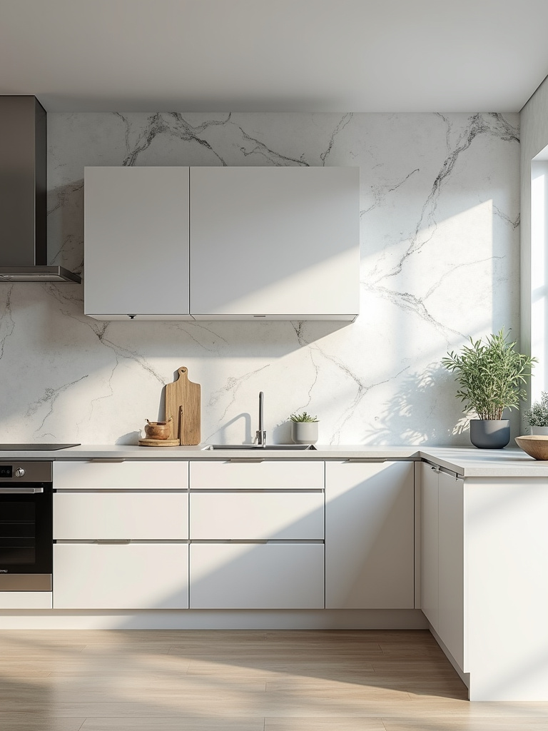 A sleek and modern kitchen with the effect of a marble backsplash wallpaper, complemented by bright natural light from the windows.