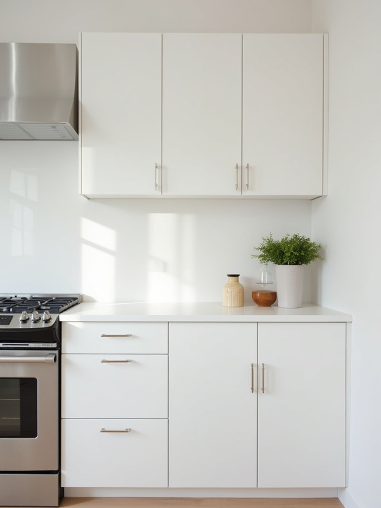 Modern minimalist white kitchen with flat-panel cabinets and integrated appliances.