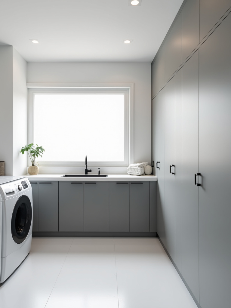 A modern minimalist laundry room with flat-panel grey cabinets and a clean, uncluttered design, exemplifying a sleek and functional space.
