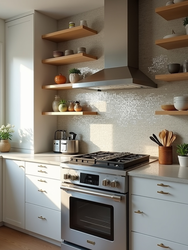 A modern kitchen with a reflective mosaic backsplash, showcasing its shimmery effect across the whole area.