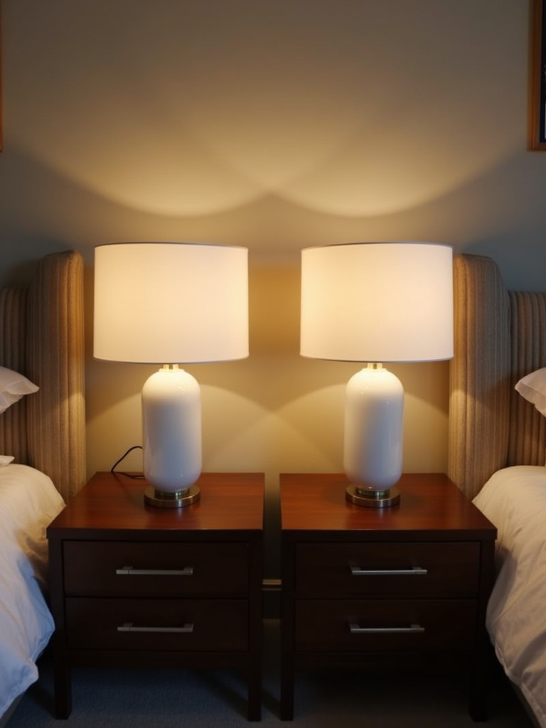 Two modern table lamps provide bedside lighting in a mid-century master bedroom.