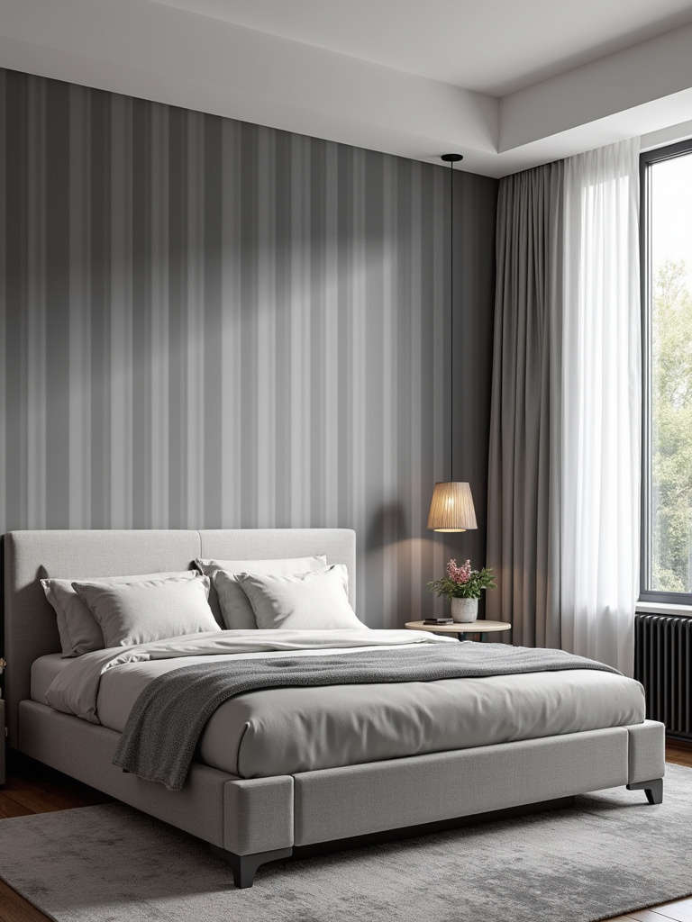 A contemporary bedroom featuring gray monochromatic tone-on-tone striped wallpaper, paired with simple grey furniture and a low bed all bathed in soft even lighting.