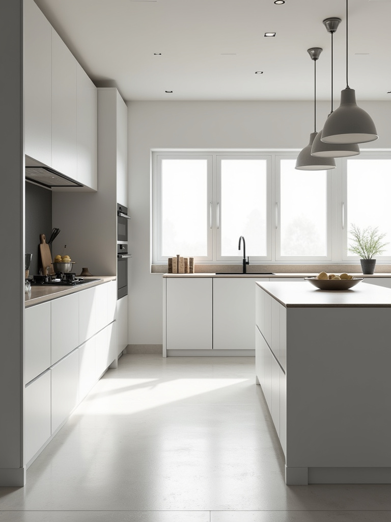 A minimal monochromatic kitchen with clean lines and design using the warmth from natural light to bring in life to the scene.