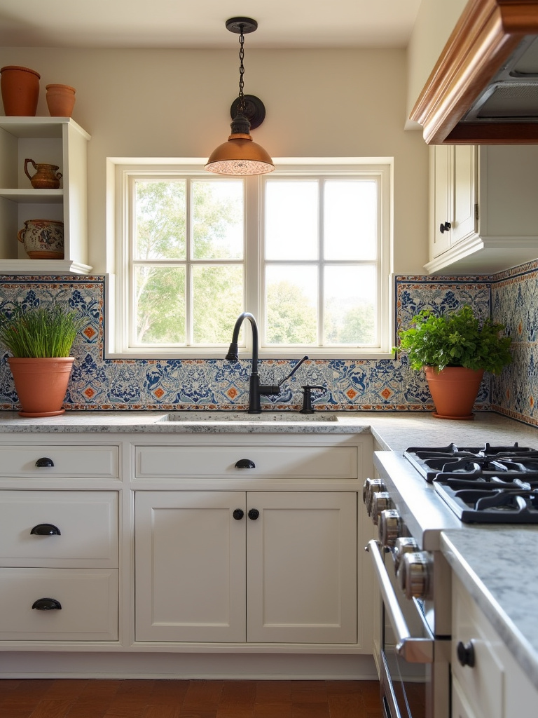 “Mediterranean kitchen with a Moroccan inspired encaustic tile backsplash in blue, white, and terracotta, white cabinets, and copper accents.”