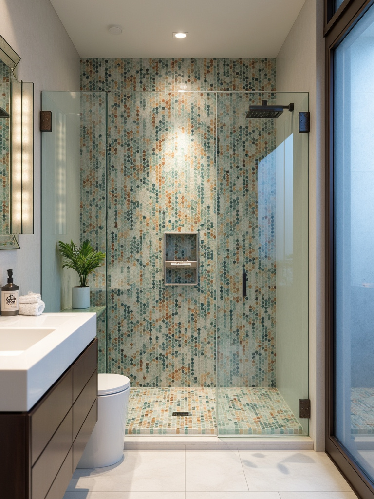 A bathroom wall covered with multicolored glass mosaic tiles that flows into a shower, illuminated by diffused lighting.