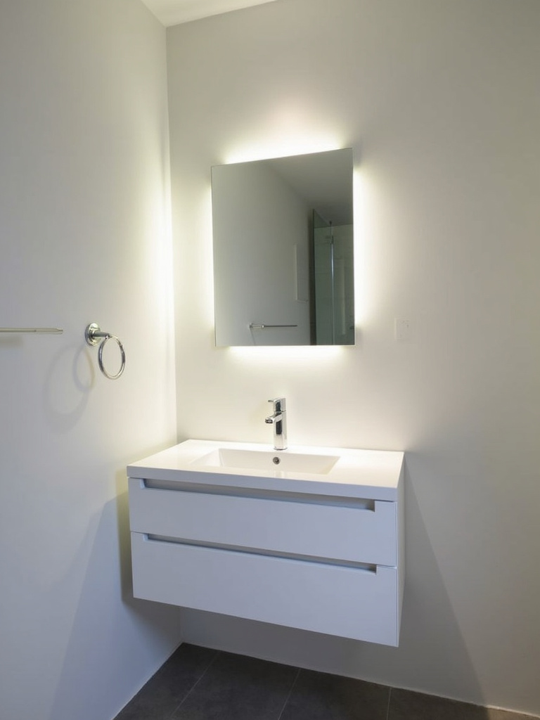Modern convenient bathroom with motion sensor vanity lights for hands-free operation.
