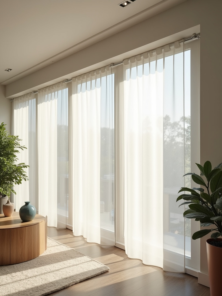 Motorized curtains providing modern convenience and automated operation in a living room with automated design