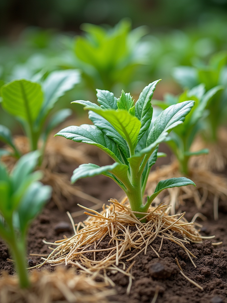 Vegetable garden bed mulched with straw, highlighting the mulch layer around the plants for weed control and moisture retention.