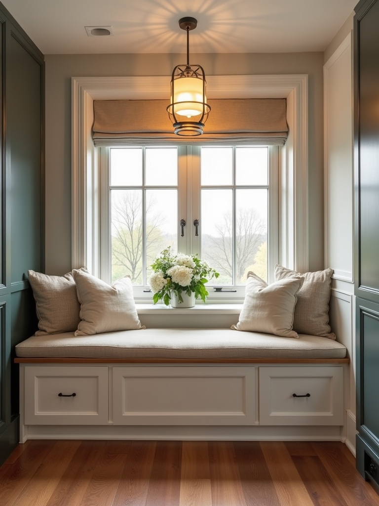 Cozy apartment kitchen nook with a multi-functional storage bench, providing seating and hidden storage in a small space.