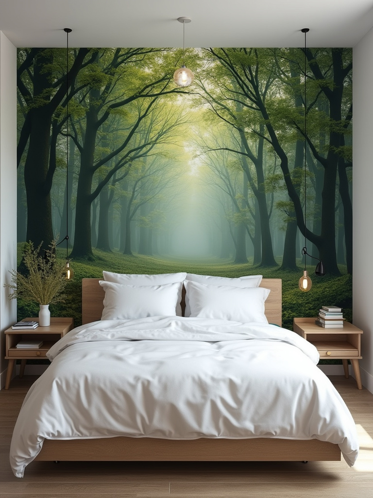 A serene bedroom that showcases a forest landscape mural as a striking focal point, the room is complemented with a modern bed frame, natural diffused light which further enhances the mural’s depth.